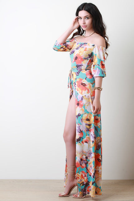 Floral Open Front Bardot Waist Tie Bodysuit Maxi Dress