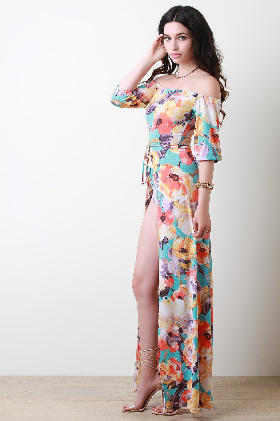 Floral Open Front Bardot Waist Tie Bodysuit Maxi Dress