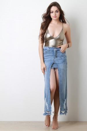 Distressed Mini Skirt Layered With Center Slit Maxi Skirt - NoveltyOne