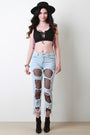 Destroyed Fishnet-Inset Fray Hem Jeans - NoveltyOne