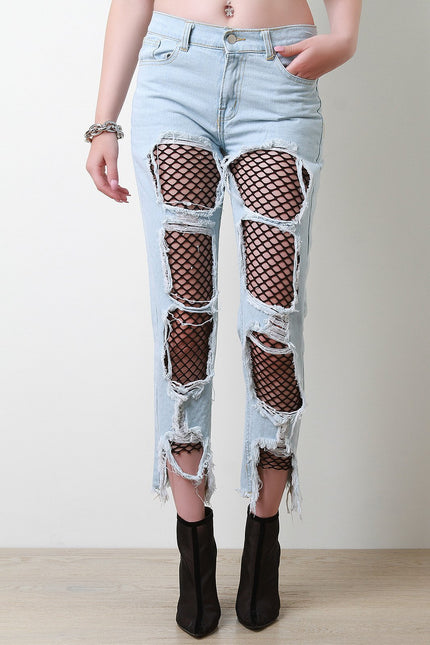 Destroyed Fishnet-Inset Fray Hem Jeans - NoveltyOne