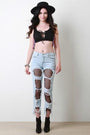 Destroyed Fishnet-Inset Fray Hem Jeans - NoveltyOne