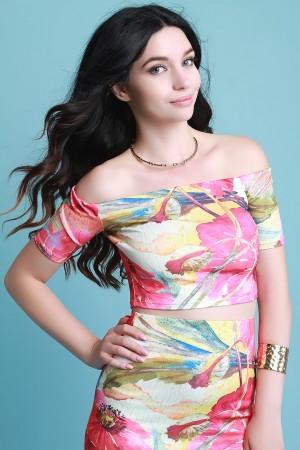 Tropical Floral Bardot Short Sleeve Crop Top