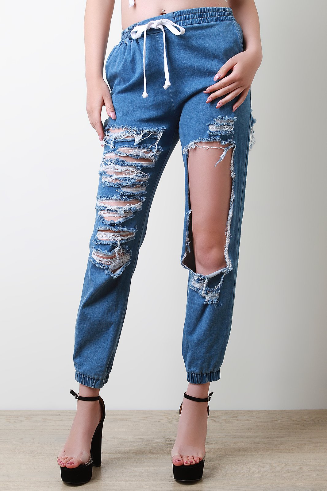 Distressed Chambray Mid Rise Jogger Pants - NoveltyOne