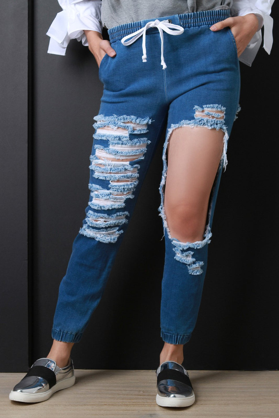 Distressed Chambray Mid Rise Jogger Pants - NoveltyOne