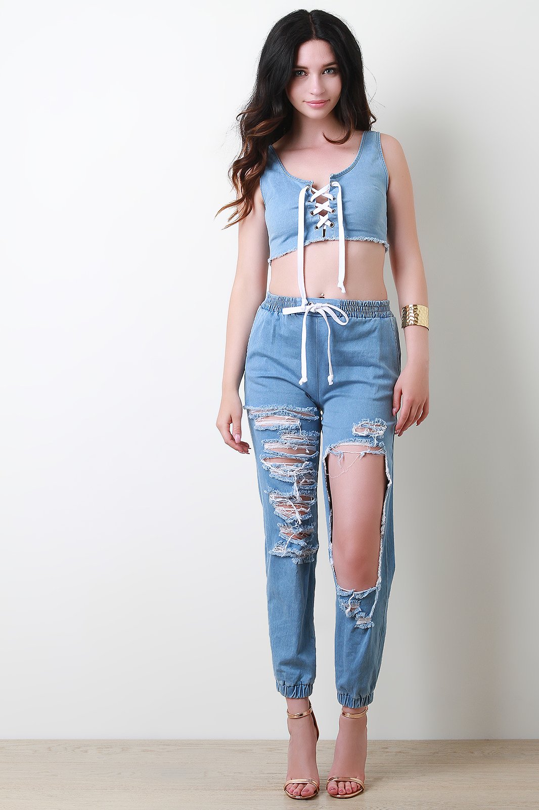 Distressed Chambray Mid Rise Jogger Pants - NoveltyOne