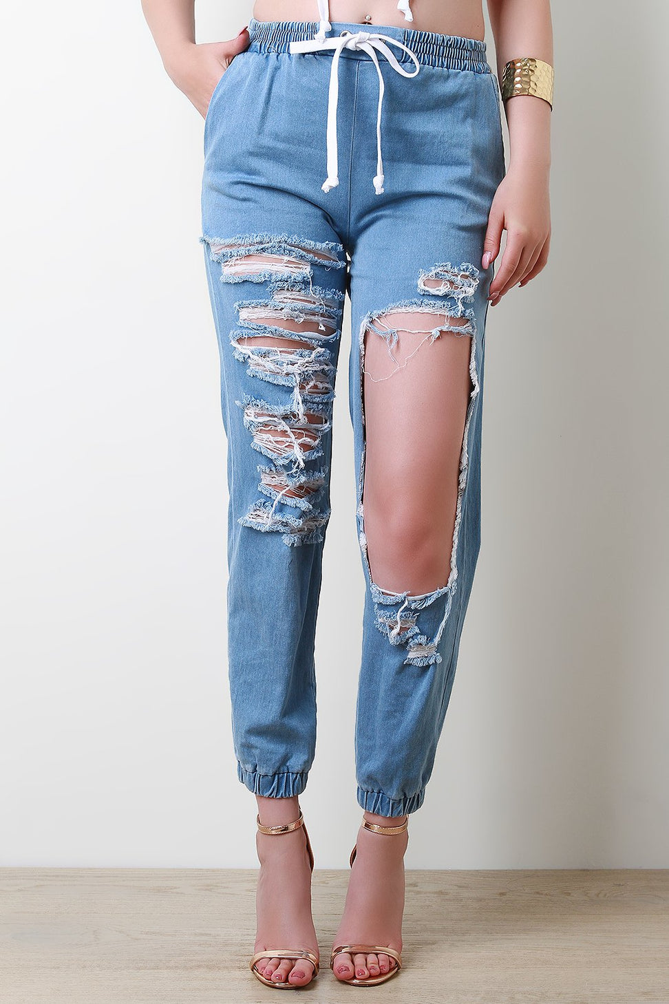 Distressed Chambray Mid Rise Jogger Pants - NoveltyOne