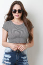 Stripe Ribbed Knit Ruffle Trim Crop Top