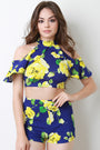 Floral Tiered Ruffle Cold Shoulder Crop Top