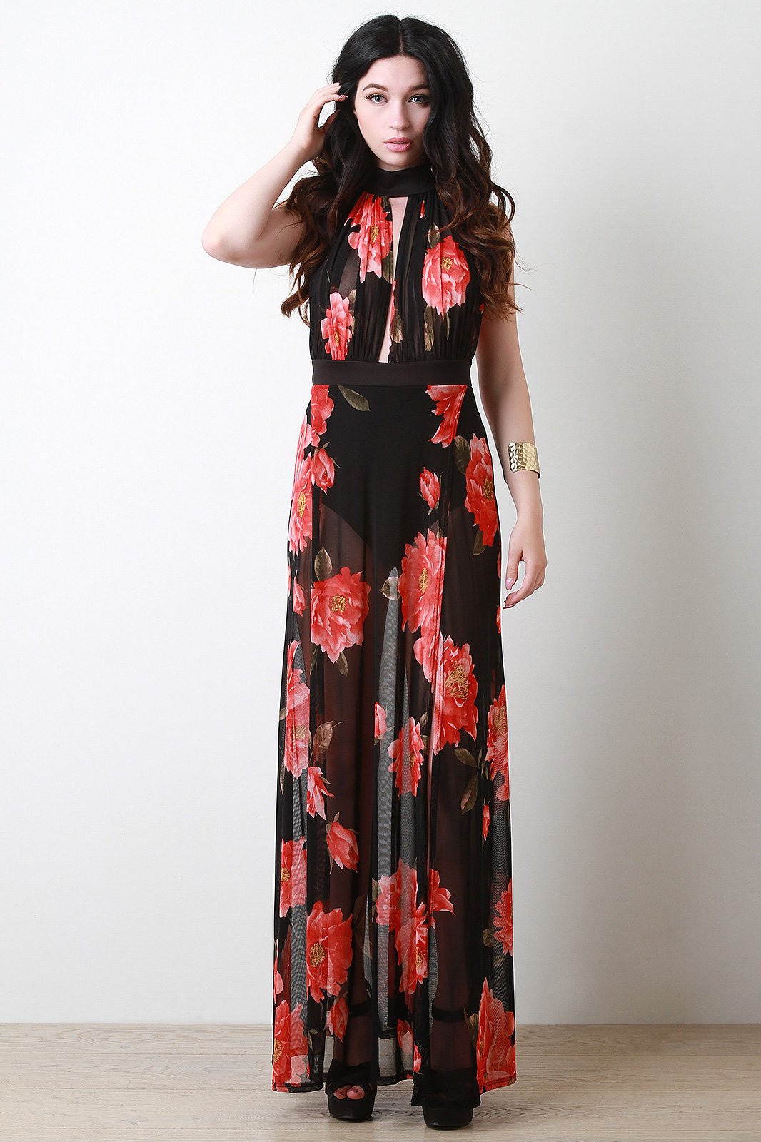 Floral Mesh Maxi M-Slit Bodysuit Dress