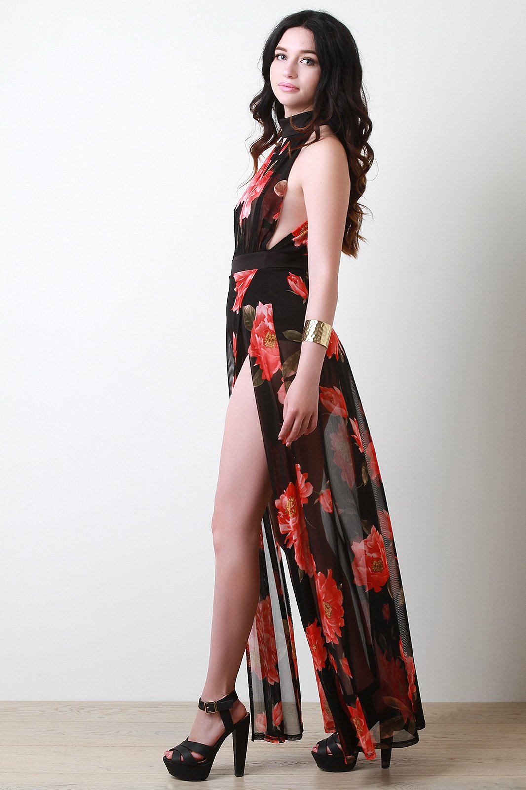 Floral Mesh Maxi M-Slit Bodysuit Dress