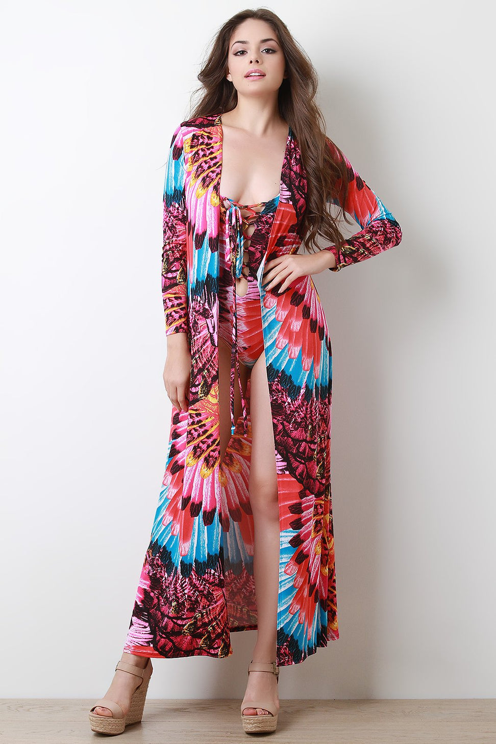 Vibrant Feather Print Floor Swept Cover-Up Cardigan