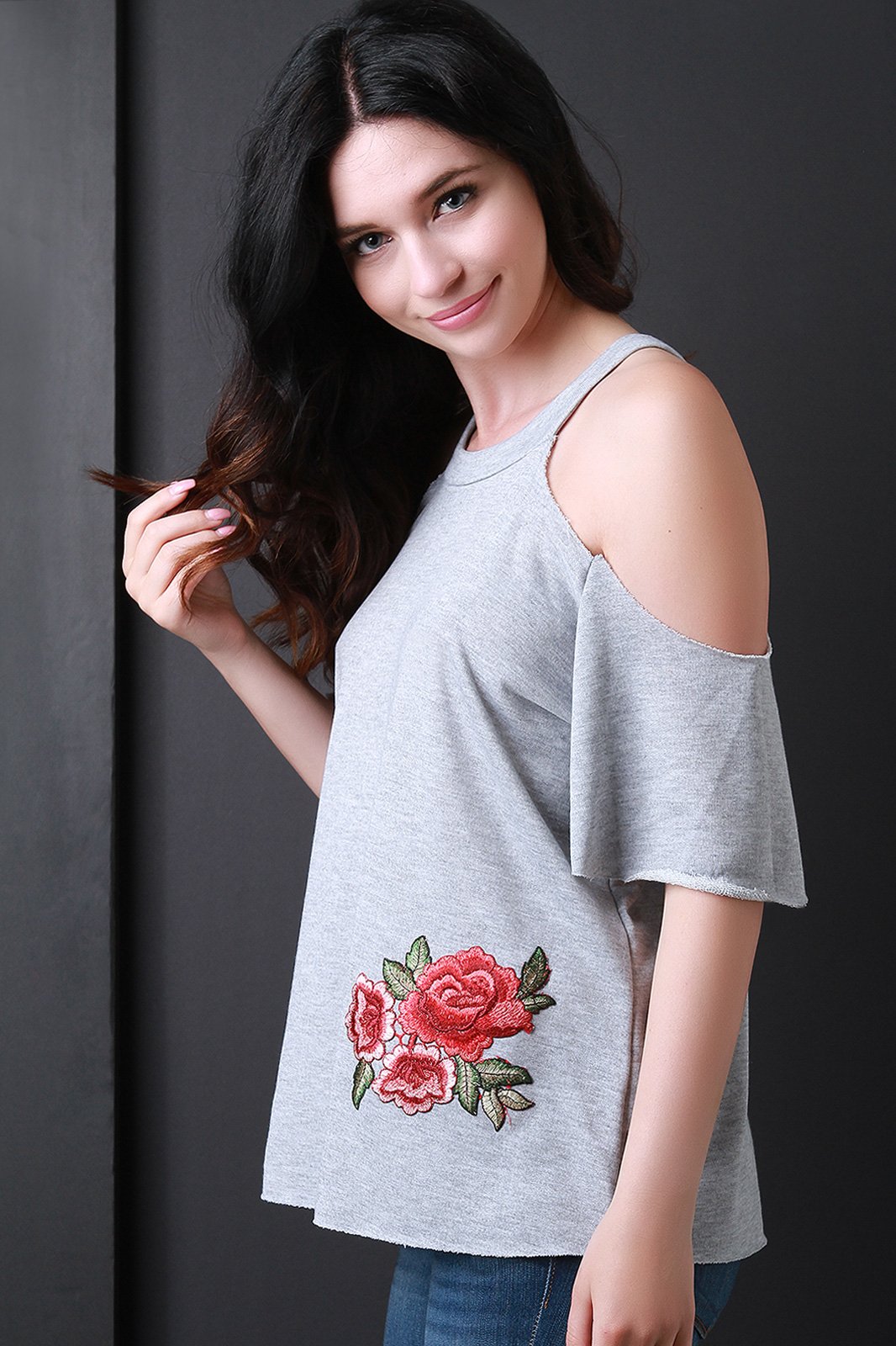 Cold Shoulder Floral Embroidered Patch Top