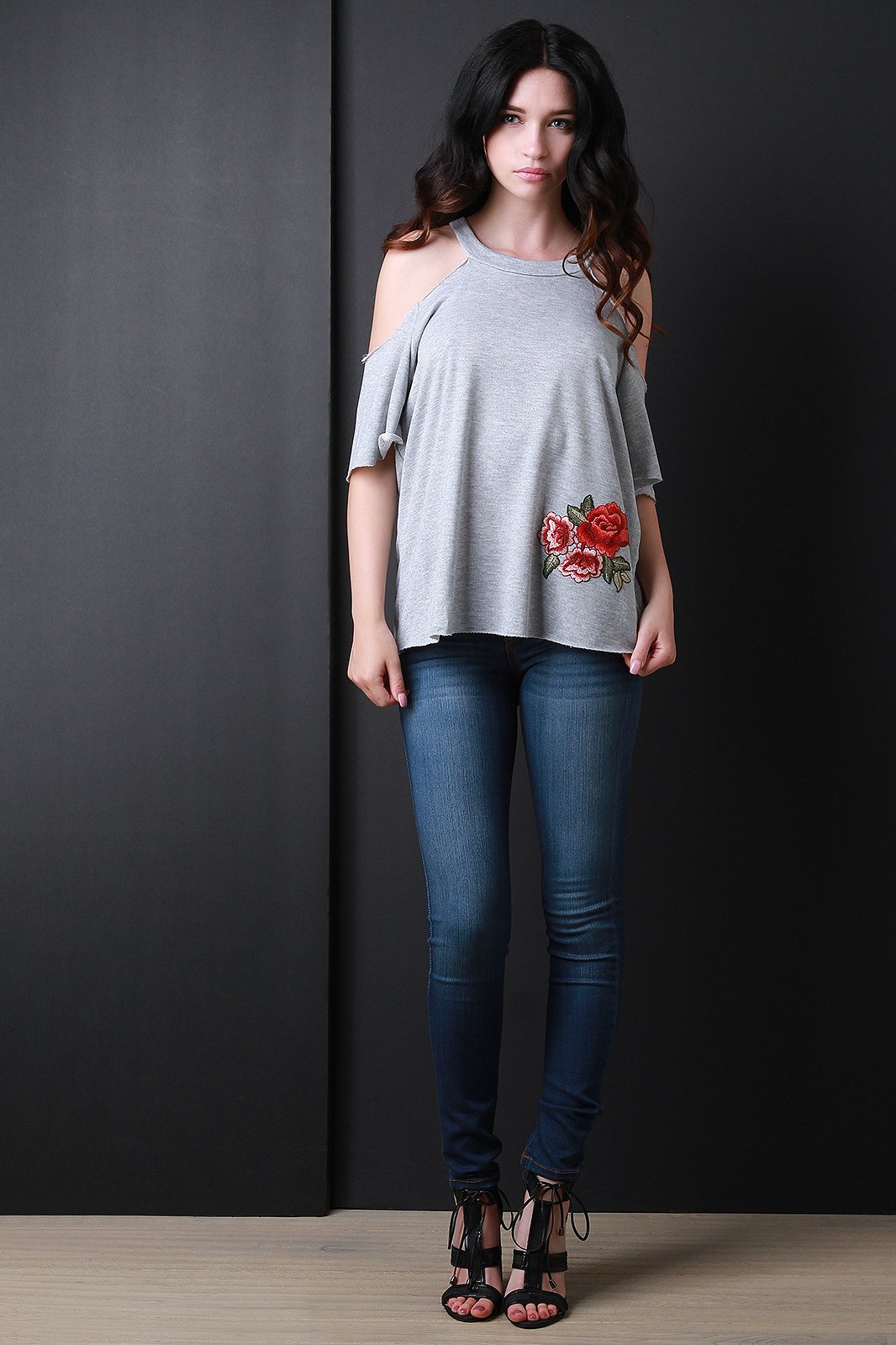 Cold Shoulder Floral Embroidered Patch Top