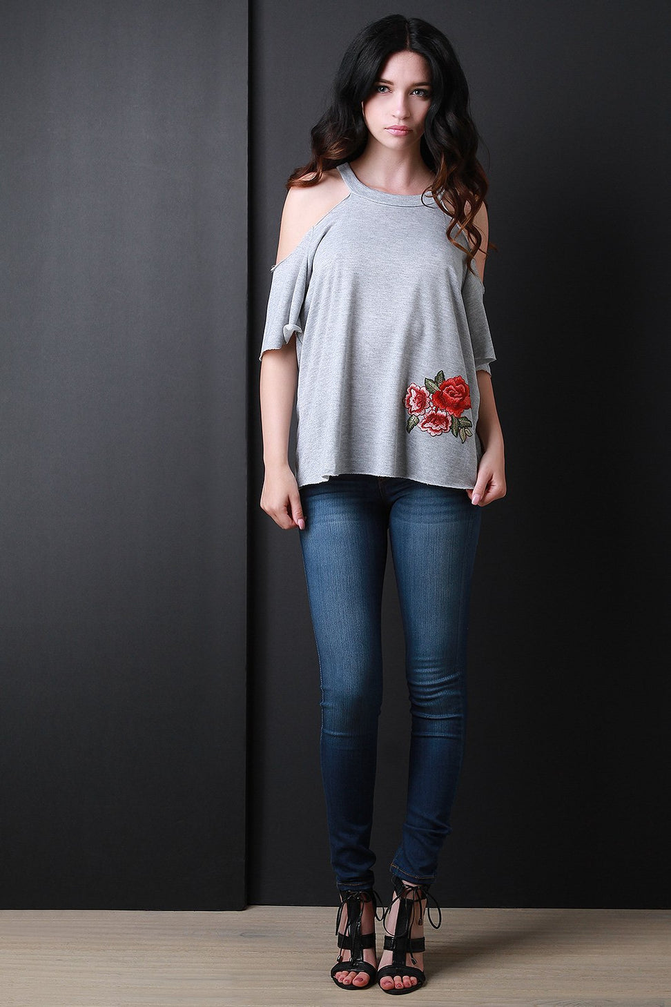 Cold Shoulder Floral Embroidered Patch Top