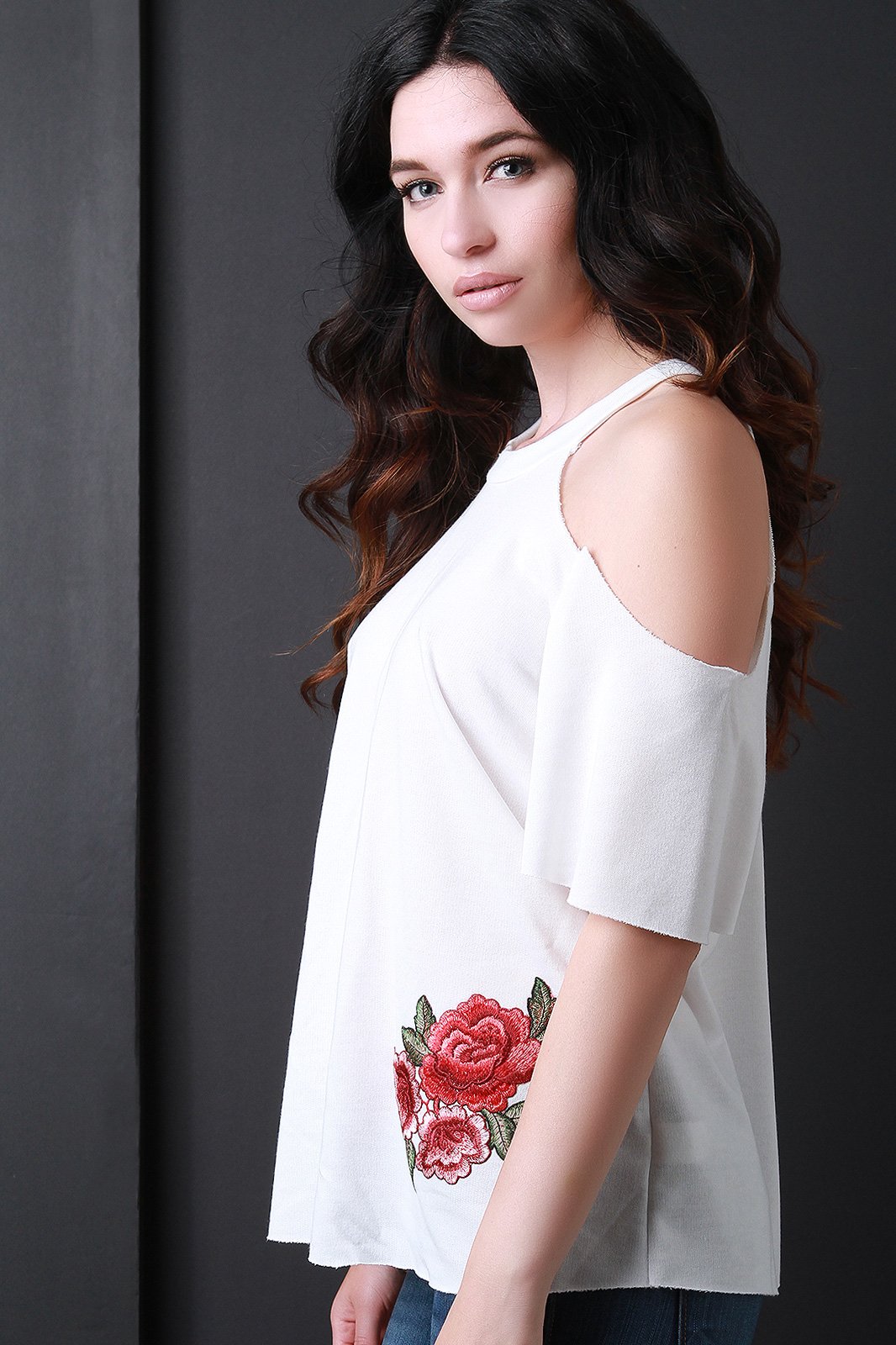 Cold Shoulder Floral Embroidered Patch Top