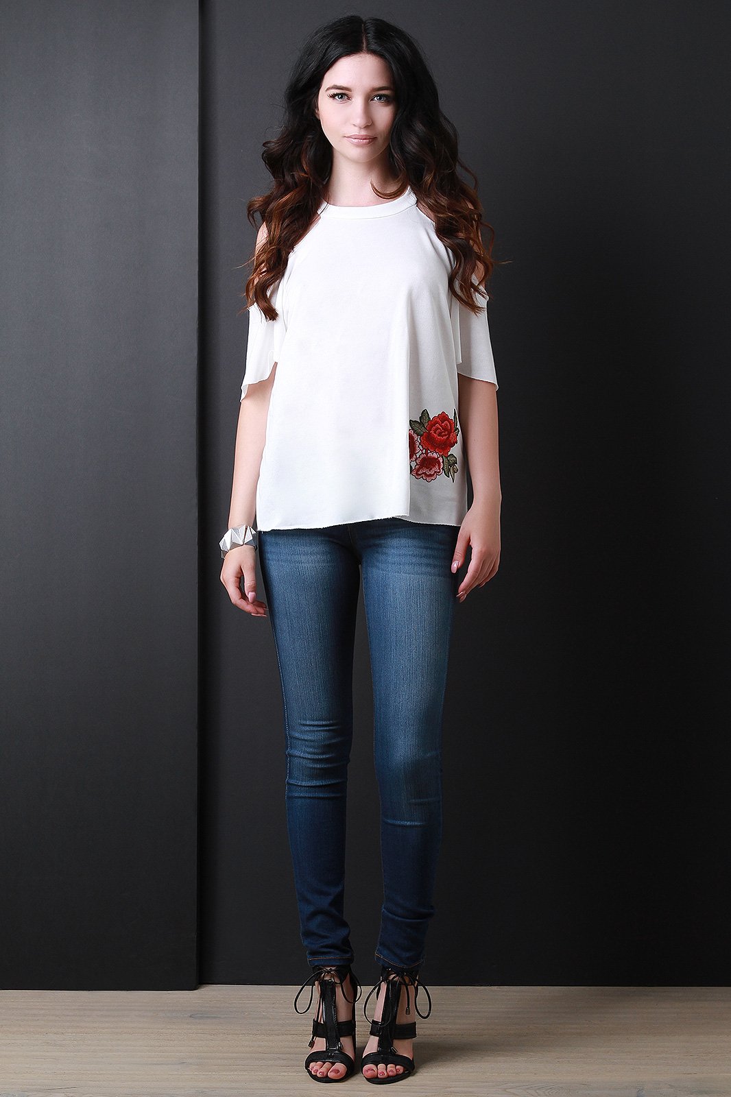 Cold Shoulder Floral Embroidered Patch Top