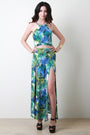 Tropical Palm Leaf Open Midriff Double Slit Maxi Dress