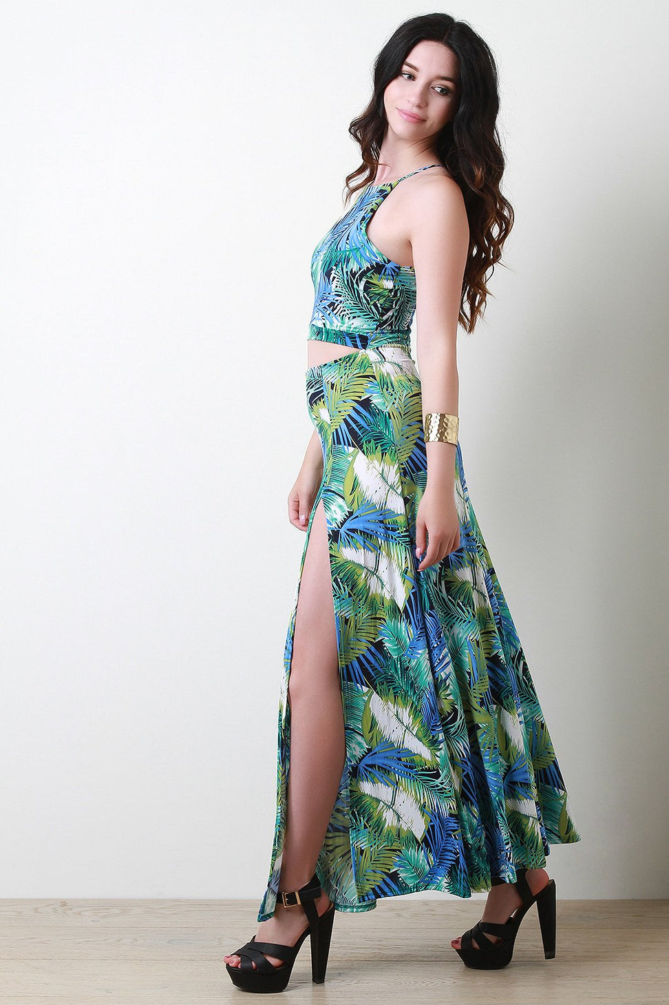Tropical Palm Leaf Open Midriff Double Slit Maxi Dress