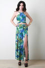 Tropical Palm Leaf Open Midriff Double Slit Maxi Dress