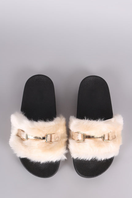 Soda Horsebit Ornament Faux Fur Slide Sandal
