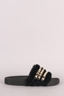 Qupid Faux Pearl Chain Embellished Fur Slide Sandal