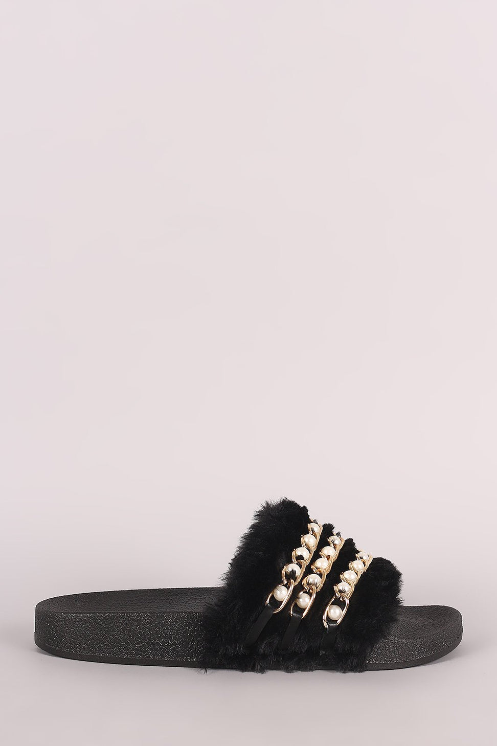 Qupid Faux Pearl Chain Embellished Fur Slide Sandal