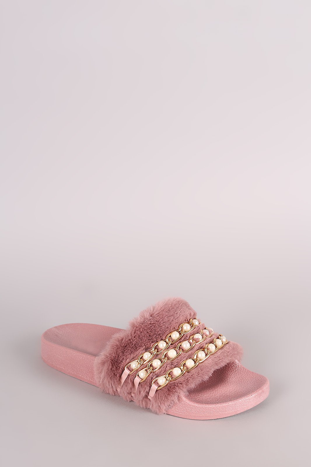 Qupid Faux Pearl Chain Embellished Fur Slide Sandal