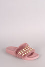 Qupid Faux Pearl Chain Embellished Fur Slide Sandal