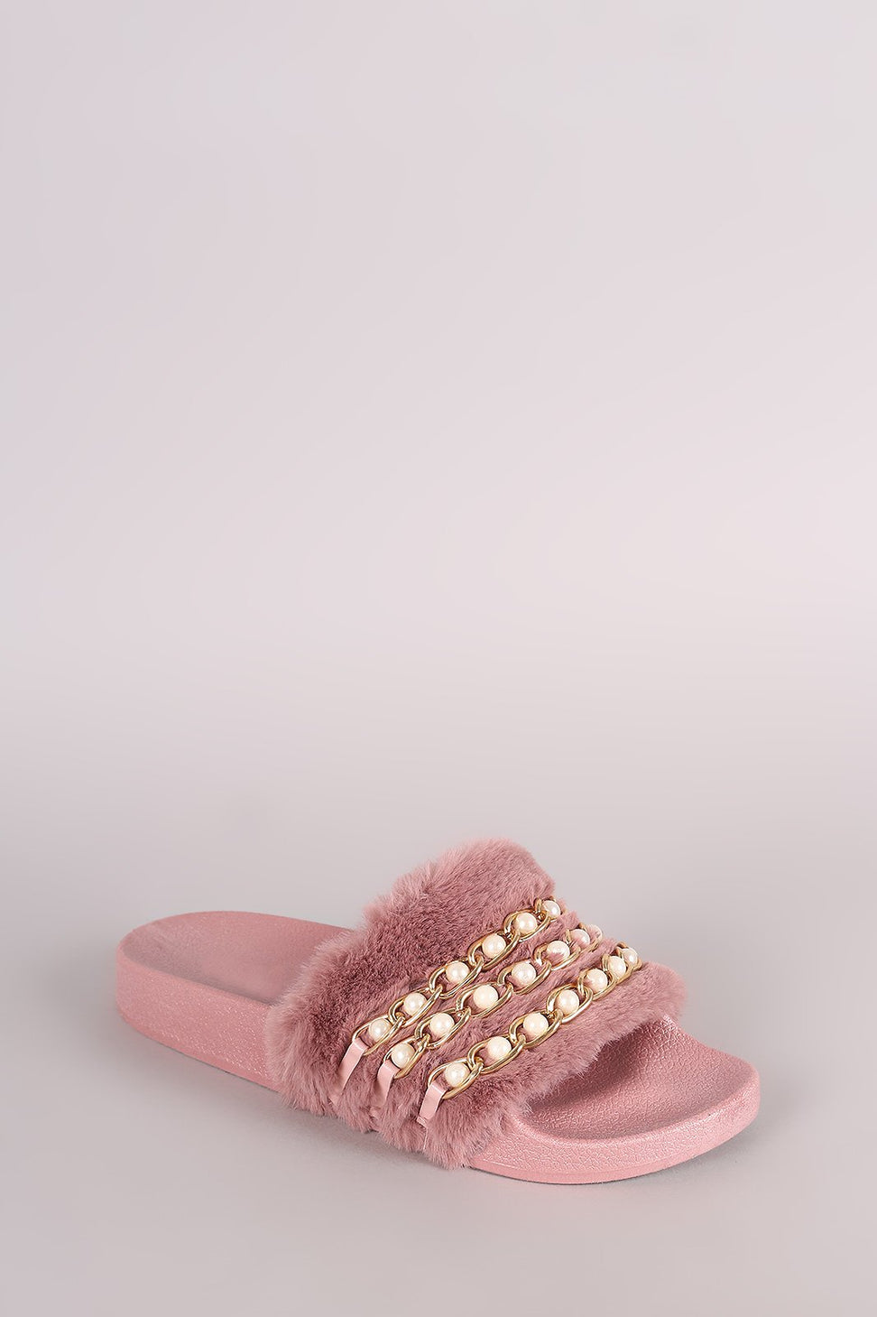 Qupid Faux Pearl Chain Embellished Fur Slide Sandal
