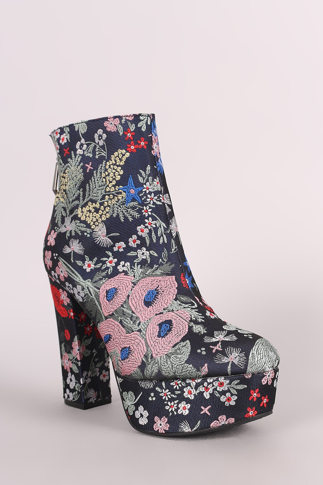 Qupid Floral Brocade Chunky Heeled Platform Booties