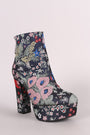 Qupid Floral Brocade Chunky Heeled Platform Booties