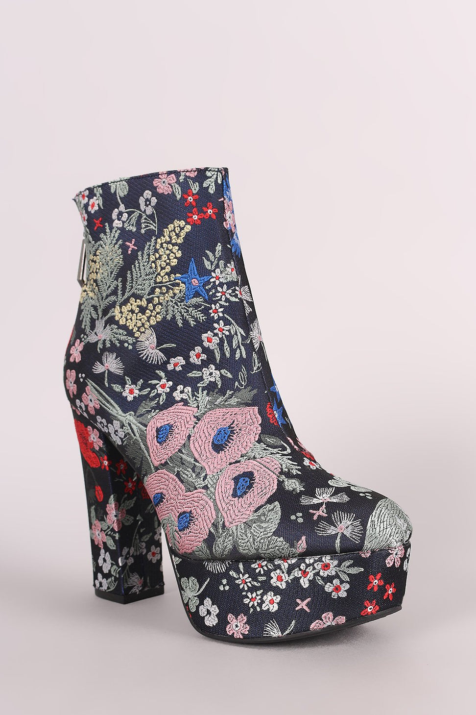 Qupid Floral Brocade Chunky Heeled Platform Booties