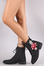 Qupid Floral Applique Nubuck Lace Up Combat Boots