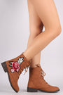 Qupid Floral Applique Nubuck Lace Up Combat Boots