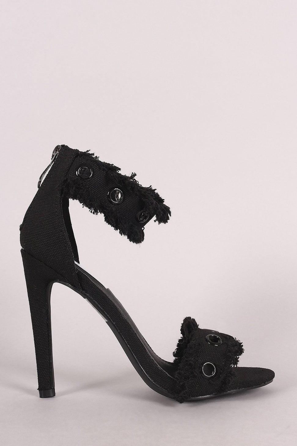 Grommets Embellished Ankle Strap Frayed Denim Stiletto Heel