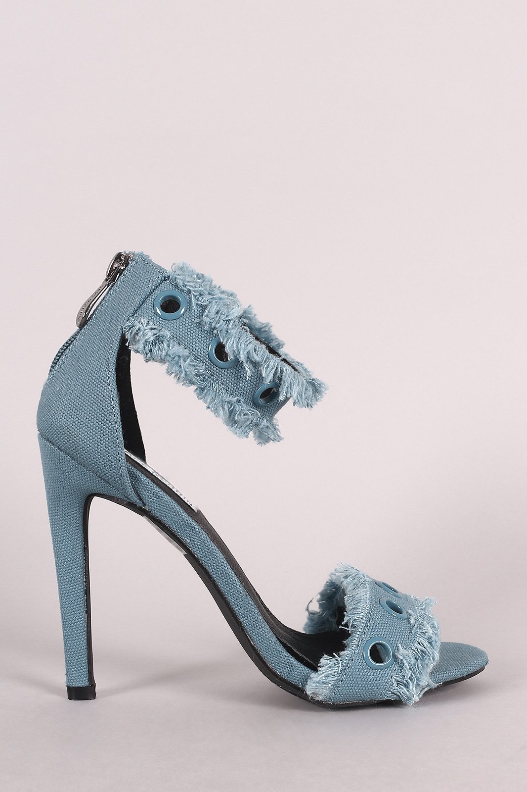 Grommets Embellished Ankle Strap Frayed Denim Stiletto Heel