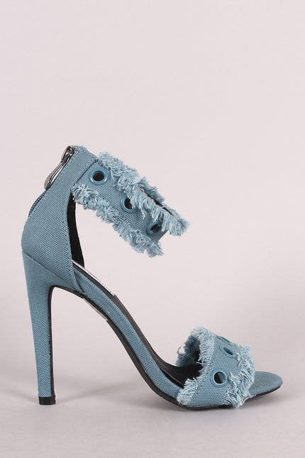 Grommets Embellished Ankle Strap Frayed Denim Stiletto Heel