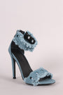 Grommets Embellished Ankle Strap Frayed Denim Stiletto Heel