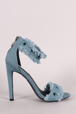 Grommets Embellished Ankle Strap Frayed Denim Stiletto Heel