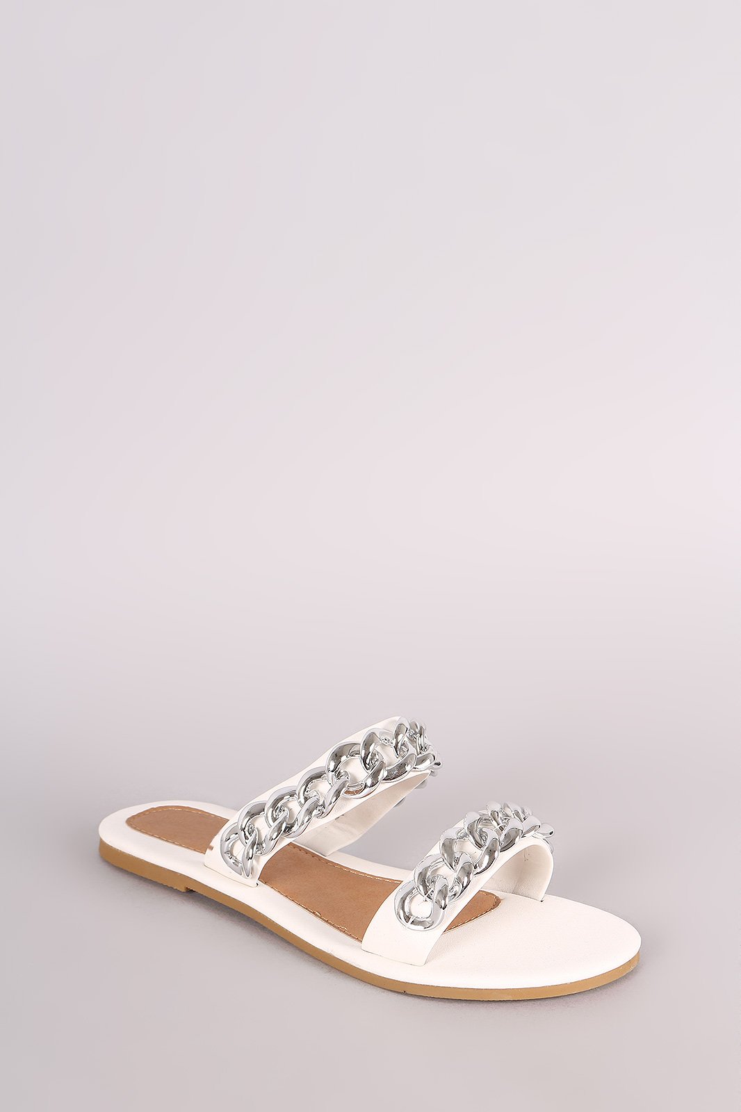 Leather Double Band Chain Embellished Slip-On Flat Sandal