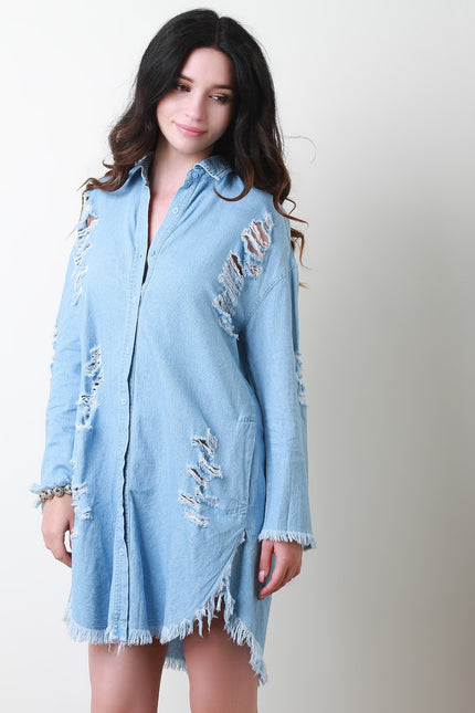 Distressed Denim Button Up Frayed Shirt Dress - NoveltyOne