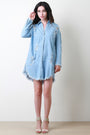 Distressed Denim Button Up Frayed Shirt Dress - NoveltyOne