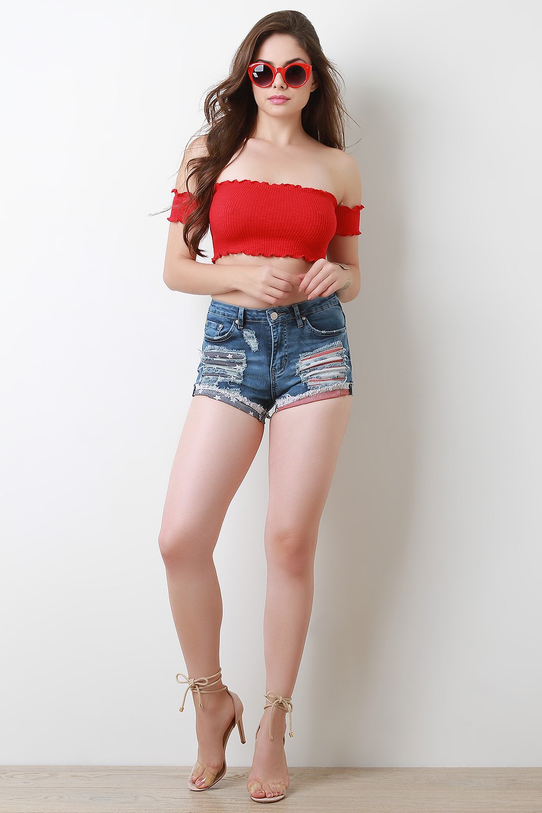 Stars And Stripes Distress Denim Shorts
