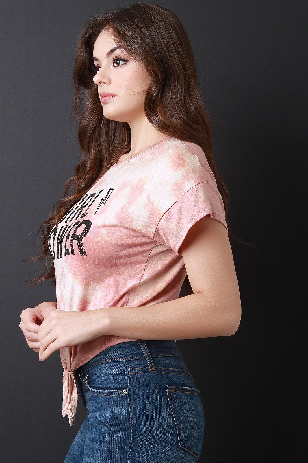 Girl Power Tie Dye Jersey Knit Knotted Crop Top - NoveltyOne