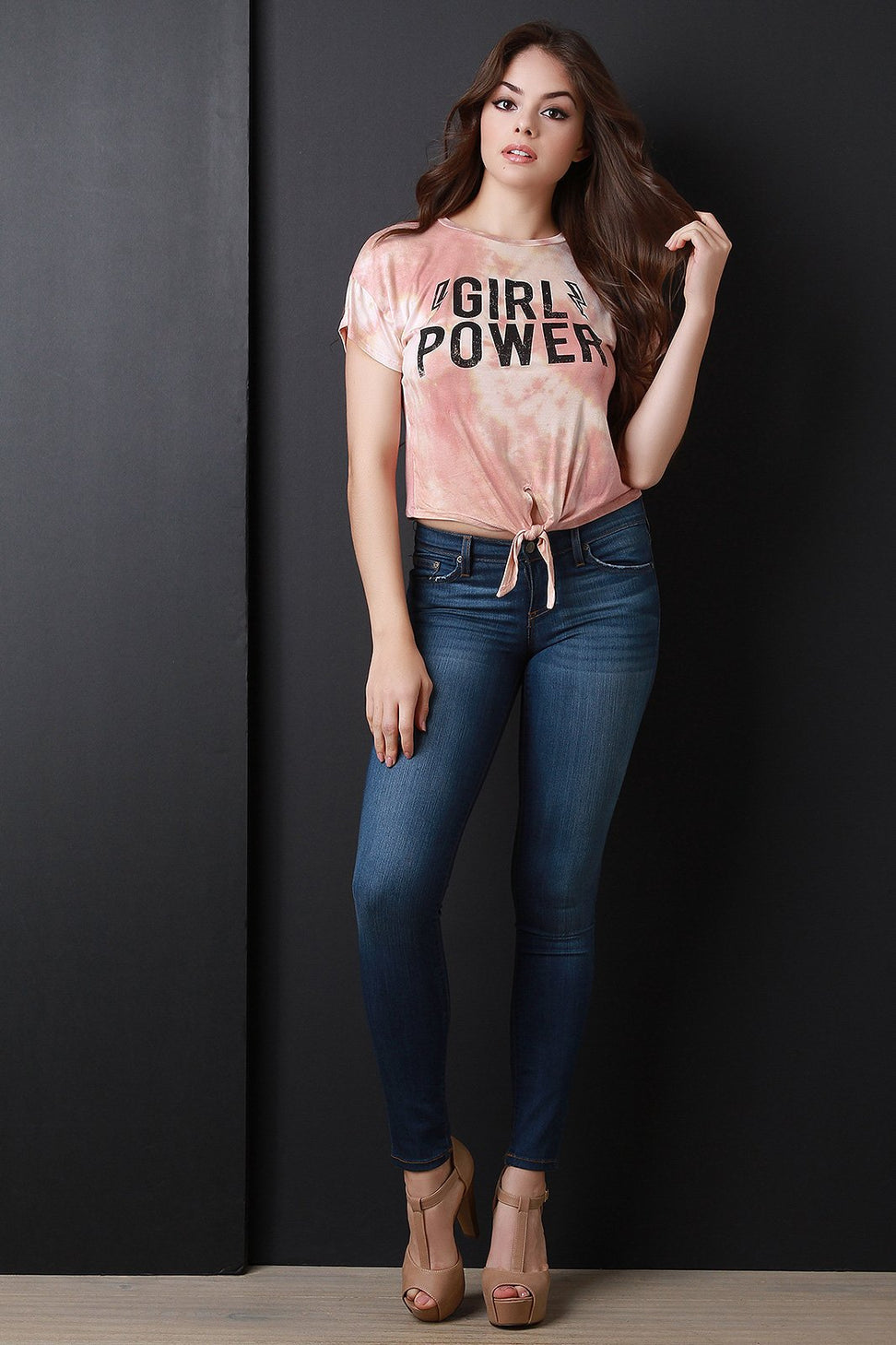 Girl Power Tie Dye Jersey Knit Knotted Crop Top - NoveltyOne