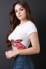 Floral Applique Ribbed Knit Short Sleeve Crop Top - NoveltyOne