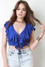 Jersey Knit Ruffle Tier Lace Up Crop Top