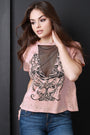Graphic Print Round Neck Fishnet Insert Distress Top