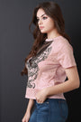 Graphic Print Round Neck Fishnet Insert Distress Top